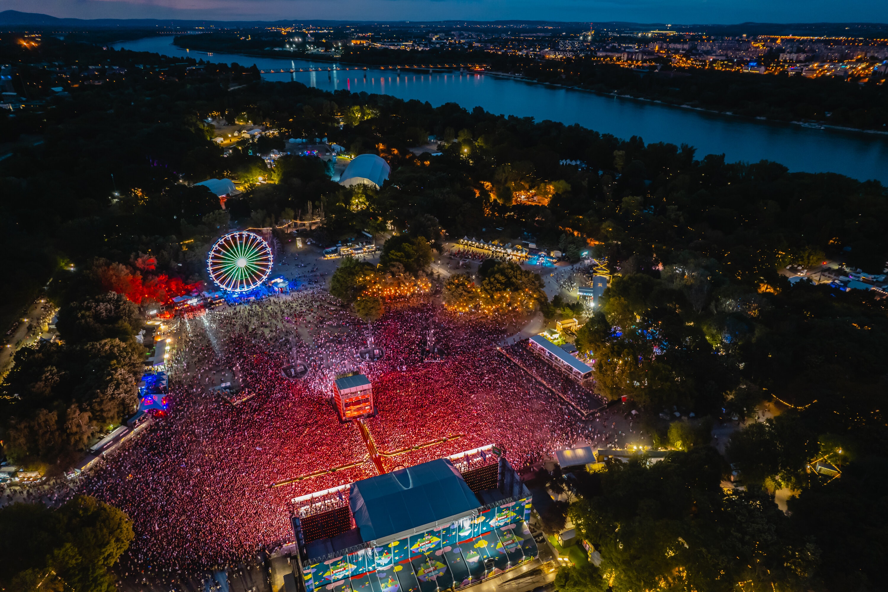 Aerial photo of Sziget festival, with Danube river in the background