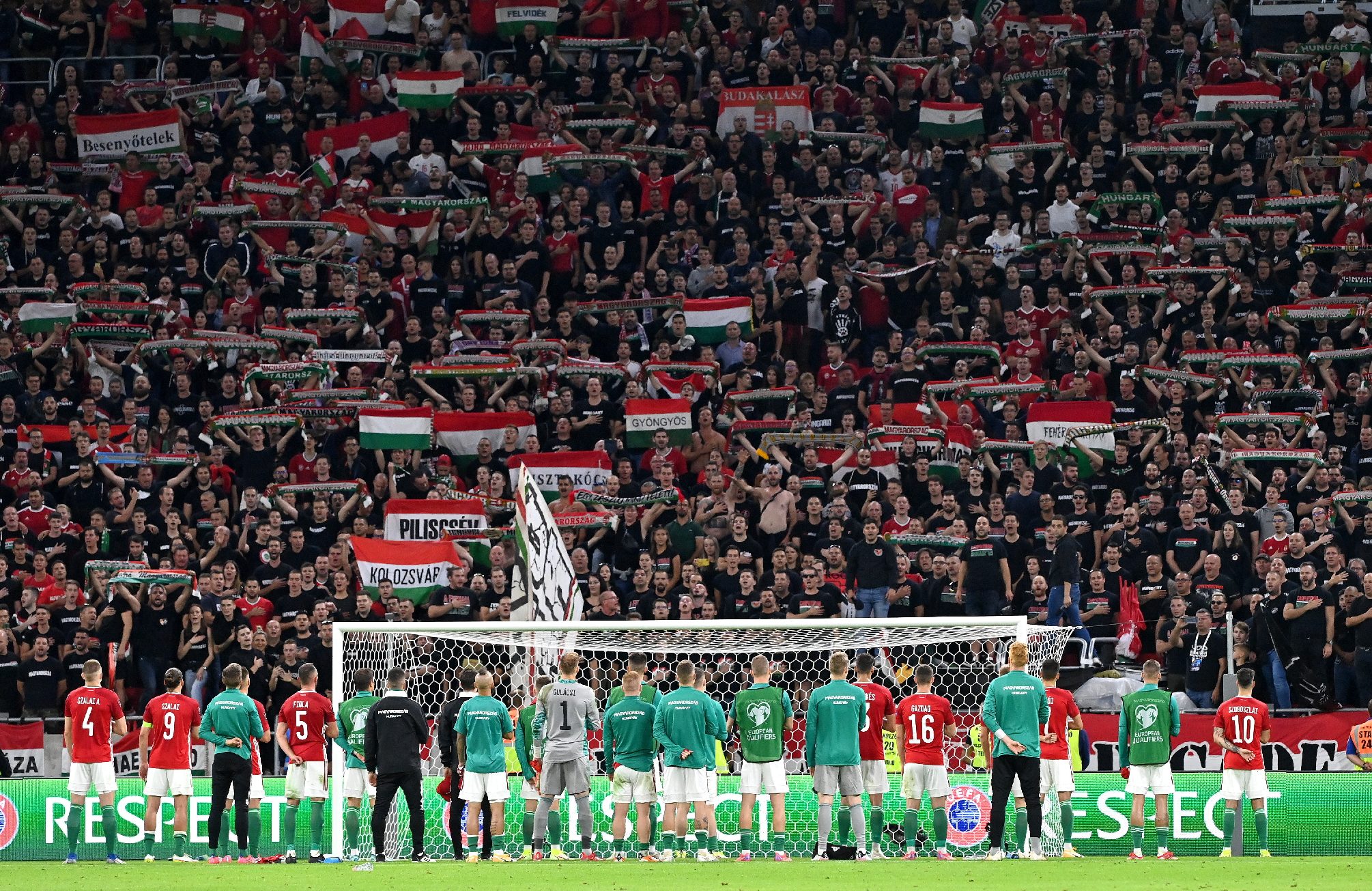 Hungarian National Soccer Team in front of their supporters.